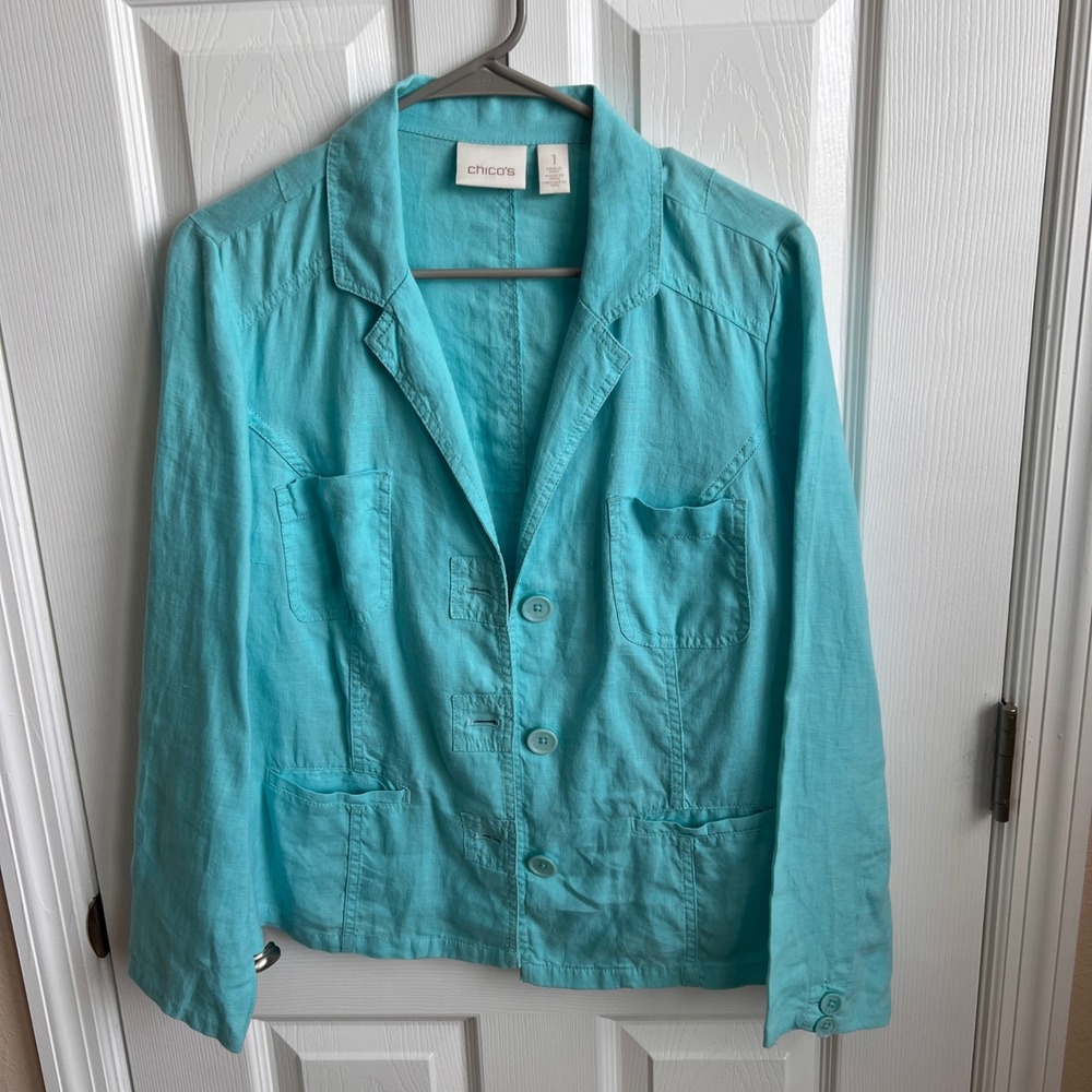 Chico's Women's Blazer Jacket Size 1 Light Blue Linen Blend Casual Button Up M